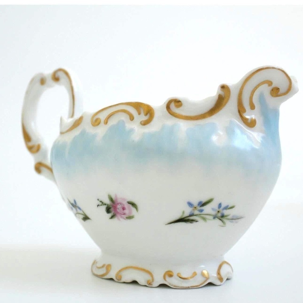 Limoges Porcelain Floral Blue‎ Sauce Boat Antique France